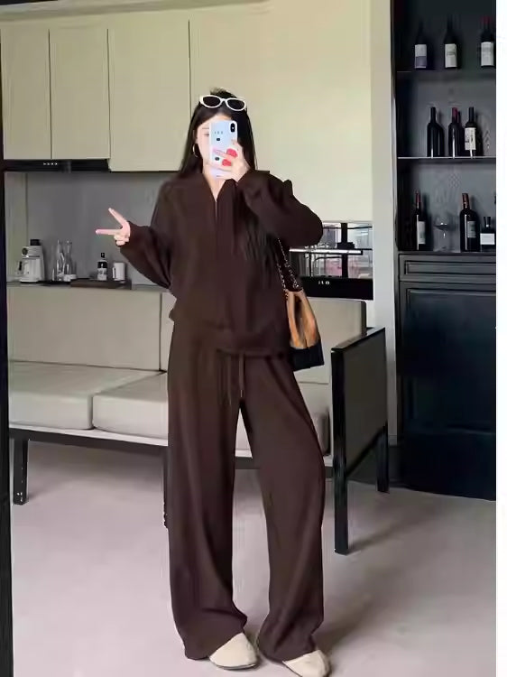Laid-back Casual Half-Open Collar Sweater And High-Waist Wide-Leg Pants Set