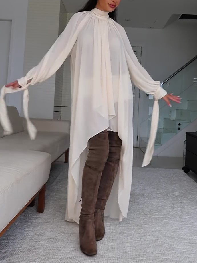 Ivory Turtleneck Asymmetric High-Low Cape Maxi Dress