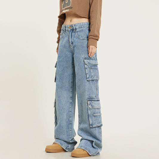 Retro Washed Multi-pocket Jeans Women's Overalls Straight Casual Pants