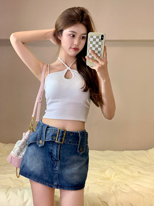 Design Sense Hollow Short Section  Back Hanging Neck Small Sling Women's Clothing