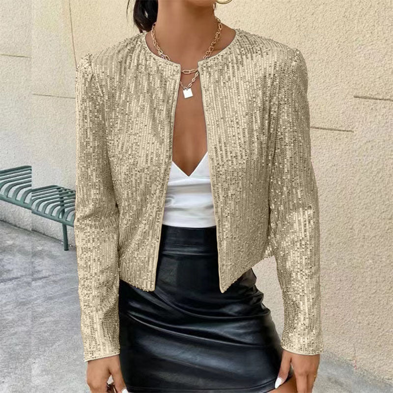 Stand Collar Color Matching Sequins Coat Short Casual Jacket