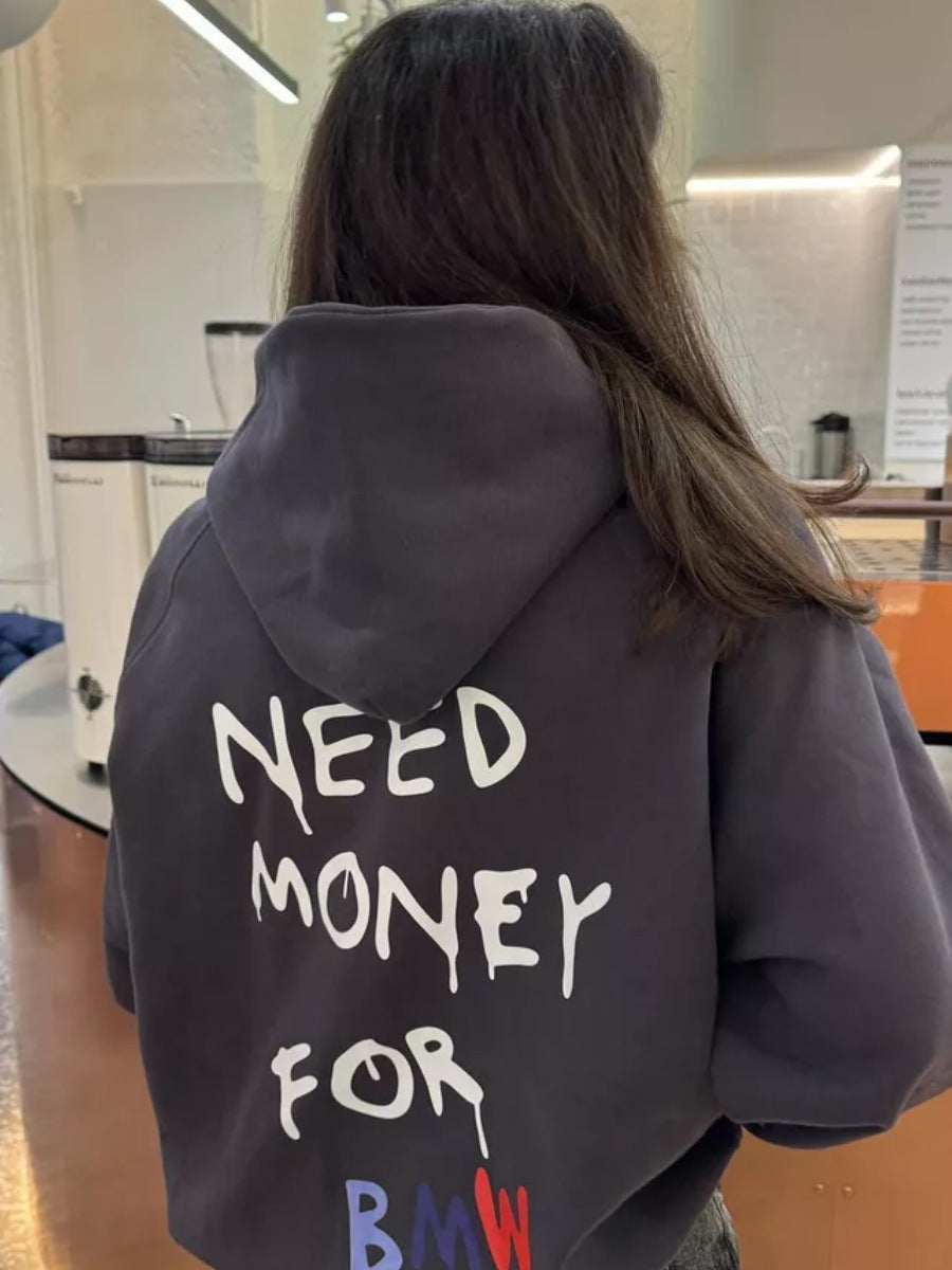 Hooded Sweater Simple Style Design Letter Print Loose All-matching Top