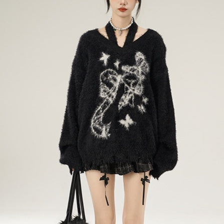 Real Shot Idle Style Bowknot Halter Strap Mink Sweater