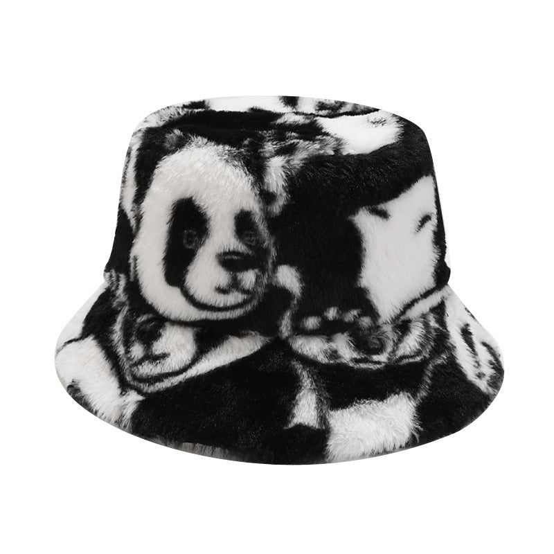 Panda Pattern Plush Female Outdoor Keep Warm Bucket Hat Casual Hat