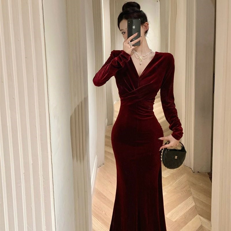 Red SpringAutumn Velvet Dress Velvet Gown