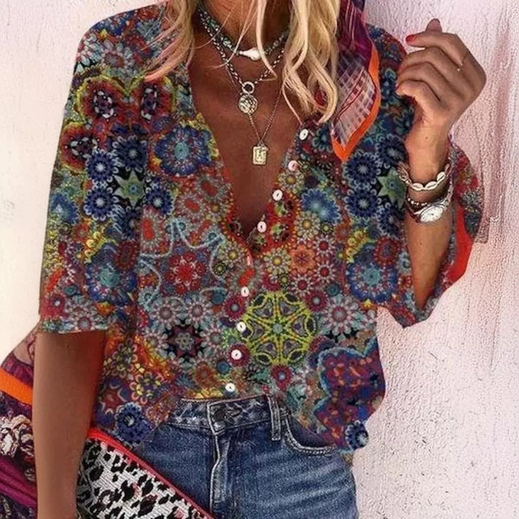 Creative Shading Pattern 3D Printing Home Leisure Short Sleeve V-neck Shirt Women