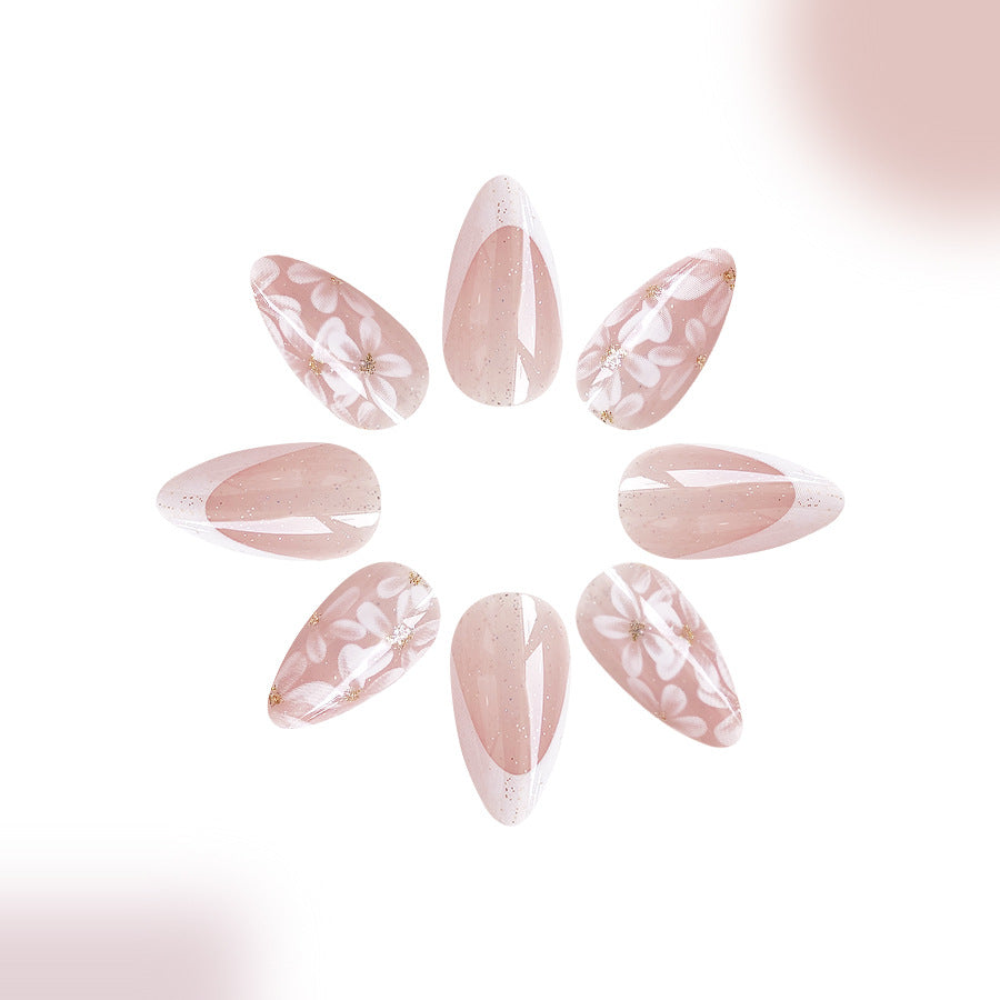 Short Glossy Almond Nail French Style Temperament Glittering Powder Flower Removable