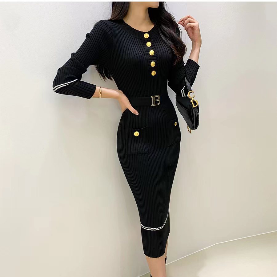 French-style Elegant Figure-flattering Crew-neck Dress