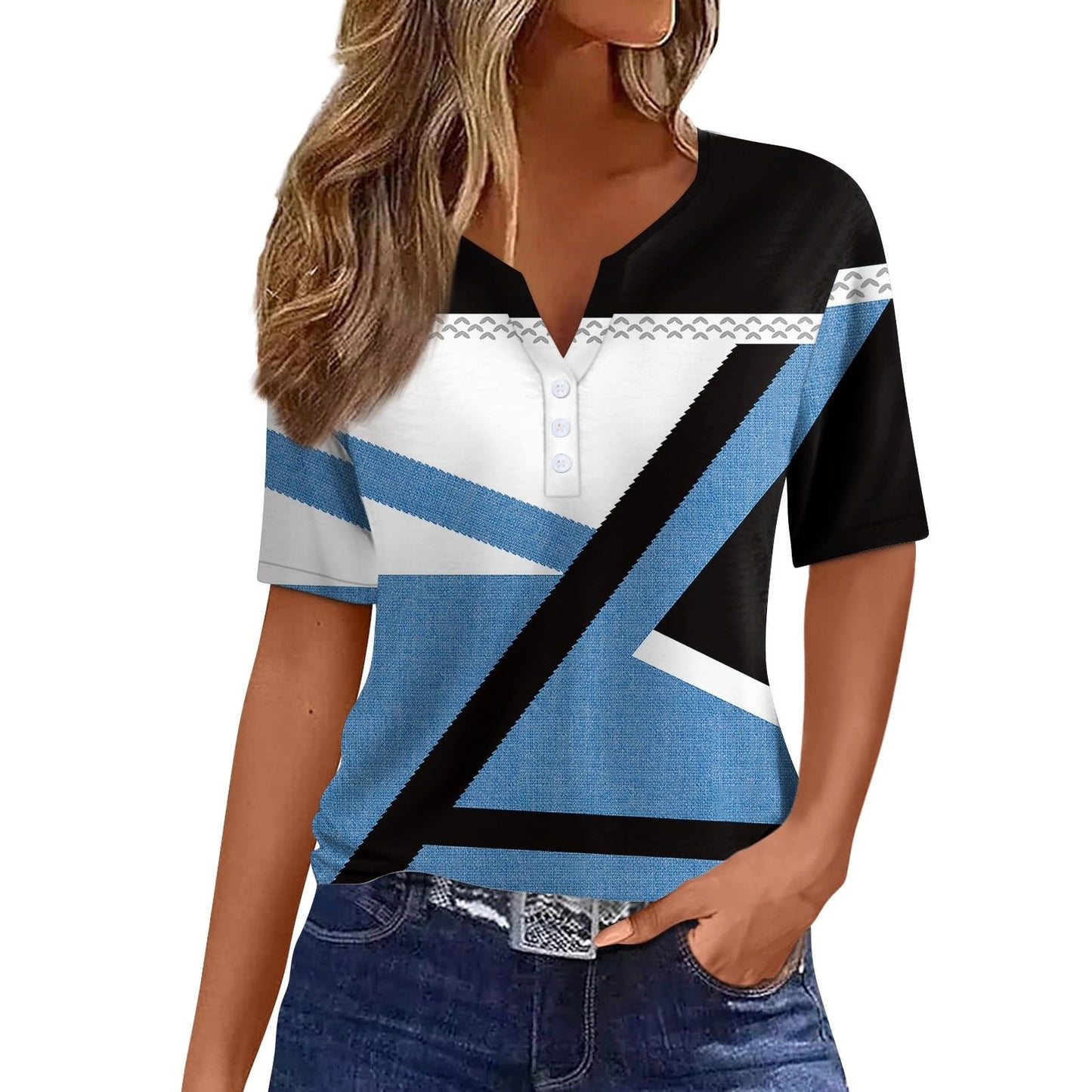 V-neck Three-button Printed Short-sleeved European And American Top
