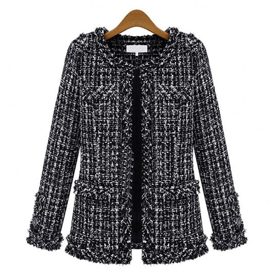 Autumn And Winter Popular Black And White Plaid Tweed Plus Size Women's Jacket