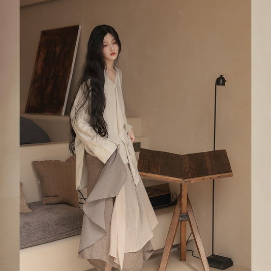 Women's Fashionable Simple V-neck Pullover Irregular Skirt