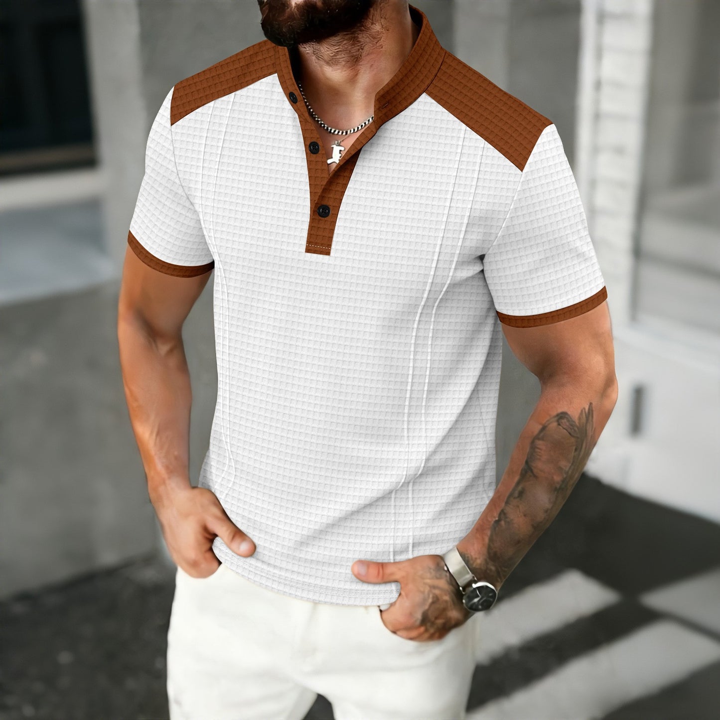 Men's Waffle-Weave Contrasting Color Short-Sleeve Casual Breathable Top