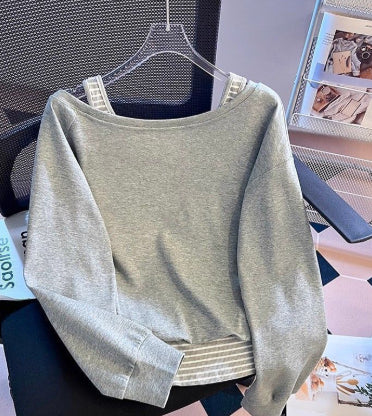 Plus size off-shoulder stribet patchwork falsk todelt sweater til kvinder – efterårsnyhed