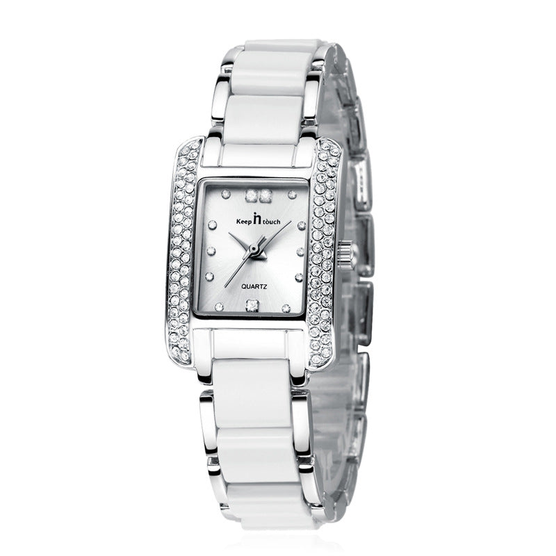 New Womens High End Quartz Square Watch With Ceramic Look And Diamond Accents