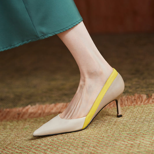 European And American Pointed High Heel Sandals Color-blocking Stiletto Heel Women's Shoes Inside And Outside Leather Commute Style Party Shoes