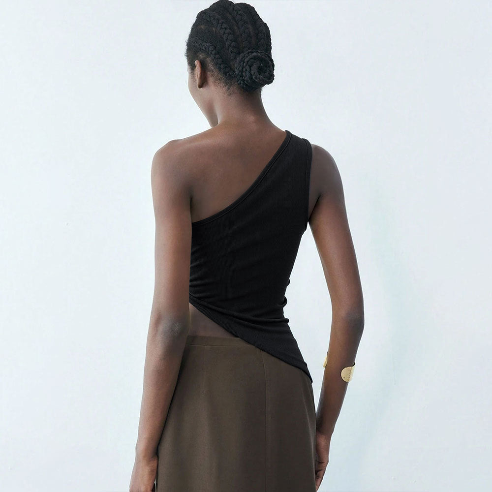 Single Shoulder Strap Vest Sexy Off-shoulder Oblique Neck Design Top