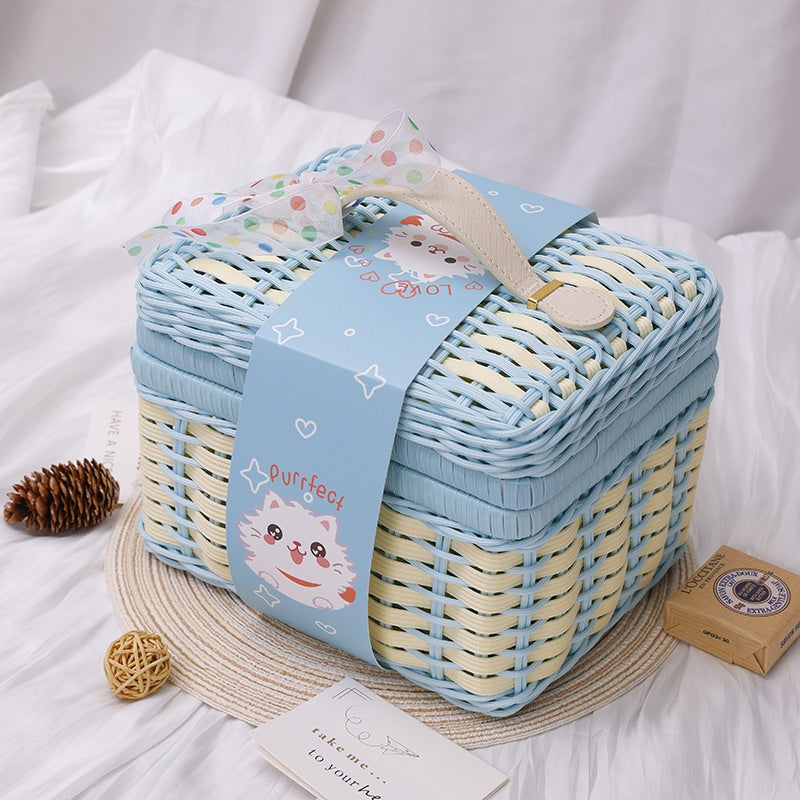 New Colorful Cute Flip-Top Rectangular Straw And Leather Woven Basket