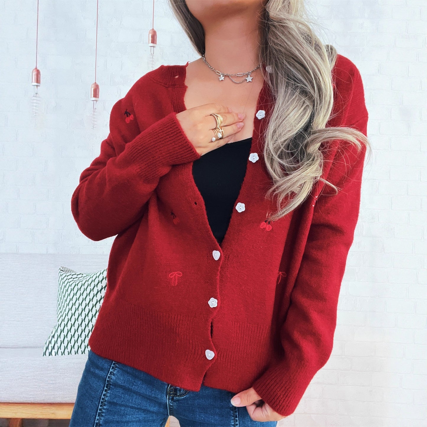 Flower Embroidery Personalized Button Single-breasted Knitted Cardigan Sweater