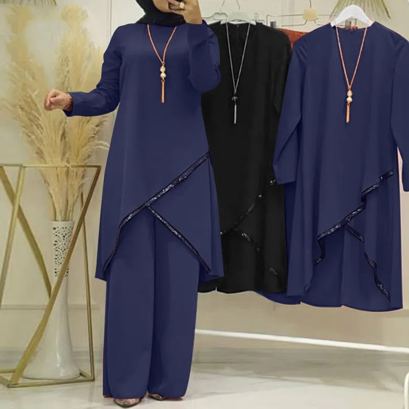 O-collar Long Sleeve Shirt Wide Leg Pants Suit Casual Women's Suit