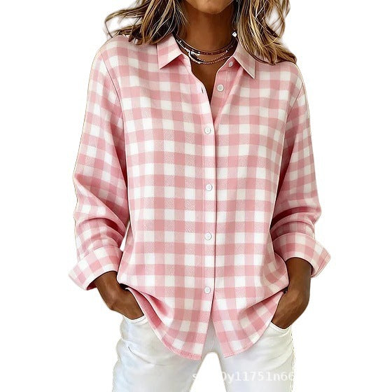 Womens Plaid Floral Print Long-Sleeve Blouse