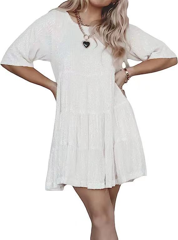 Fashionable Sequins Round Neck Loose Waist Short Sleeves And Skirt Dress