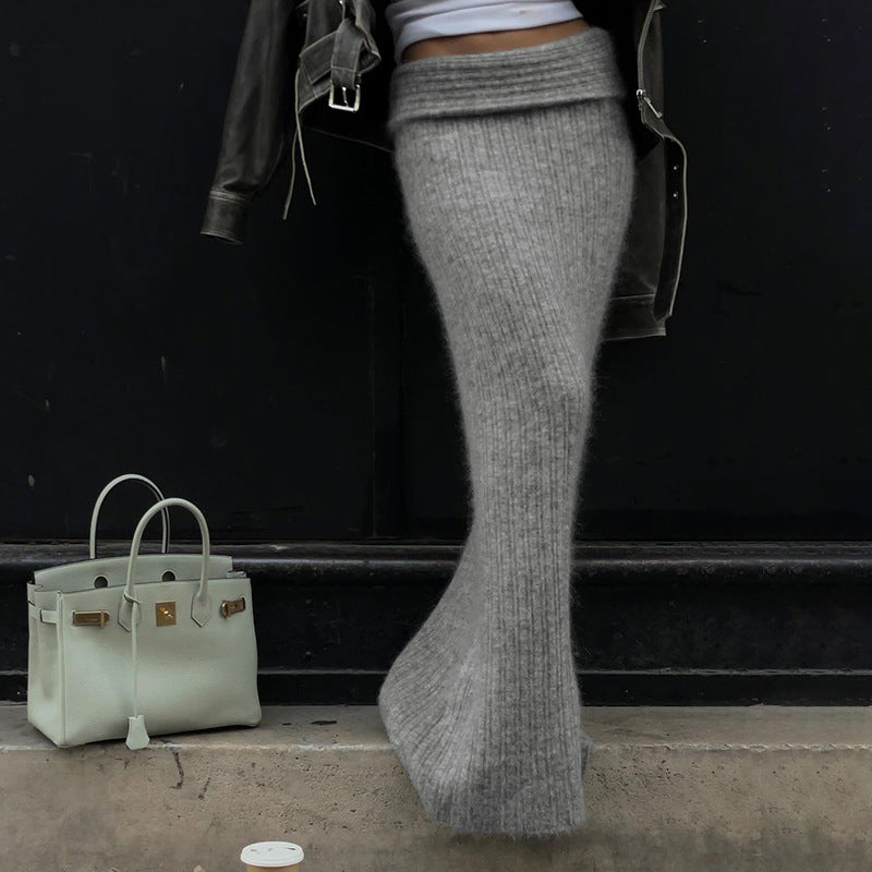 Polyester Fashion Solid Color Woolen Sheath Dress Simple Temperament Slimming Flanging Low Waist Hot Girl Tight Skirt