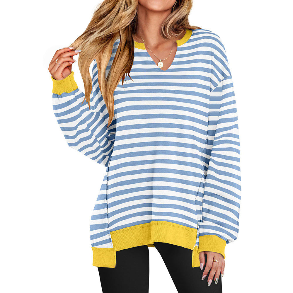 Dame Stribet V-hals Løs Sweatshirt Strik