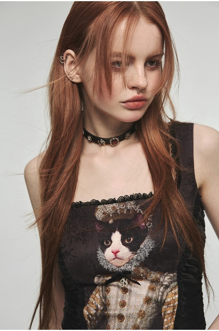 Straight Neck Waistband Bra With Hot Drill And Full Print Cat Camisole