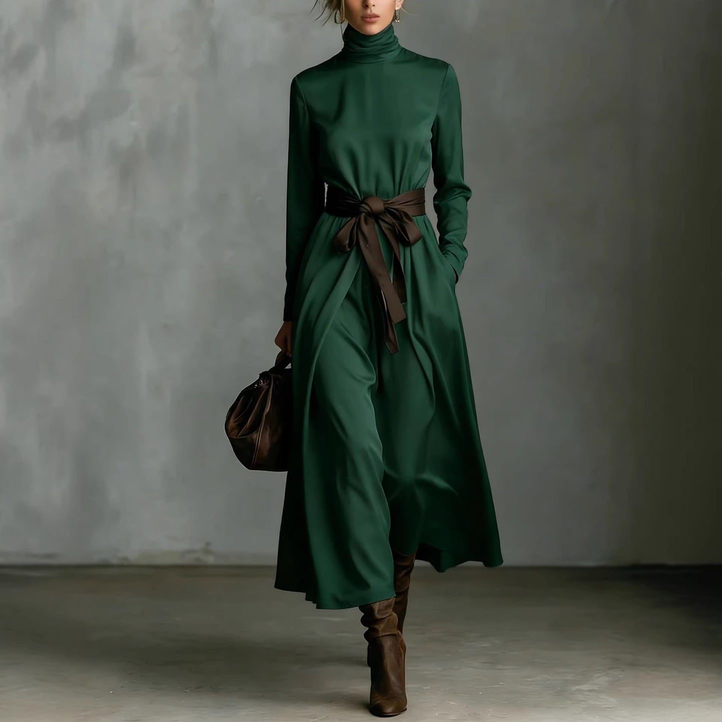 Mid-length Long-sleeve Dress With A Contrasting Belt