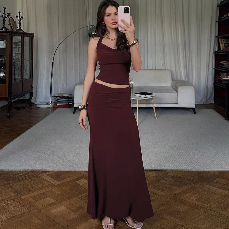 Sexy Lacing Tube Top Slim Fit Pleated Skirt Suit