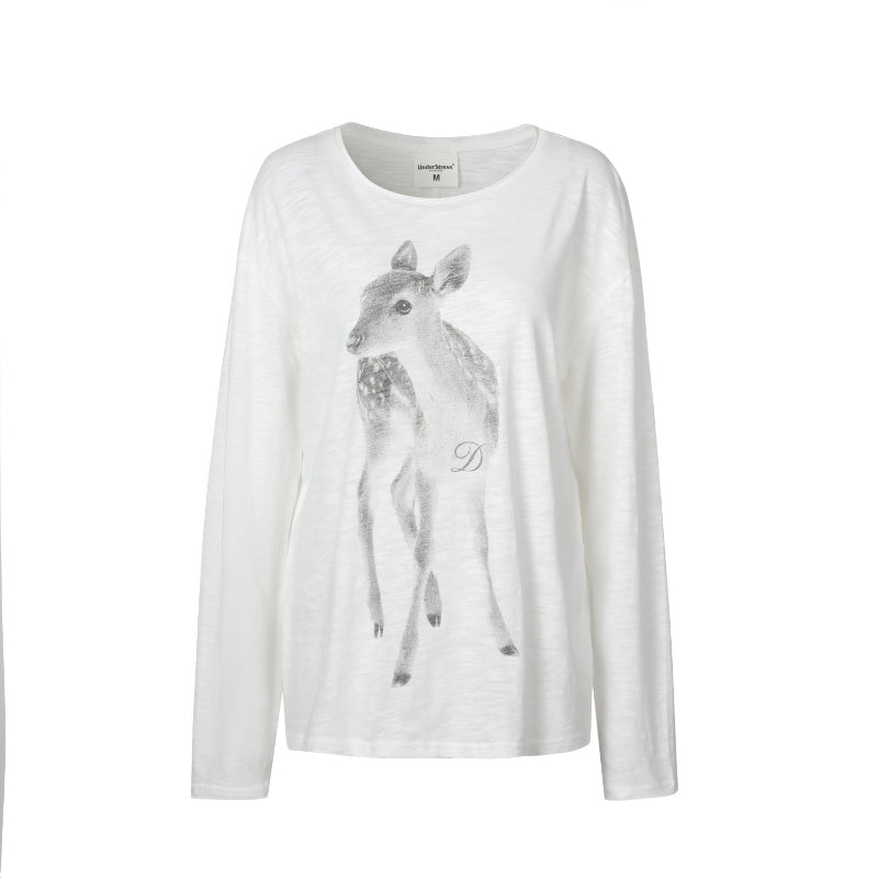 Off-the-shoulder Tunic With A Sika Deer Print Slightly Sheer Loose-fitting And Relaxed-style Long-sleeve T-shirt