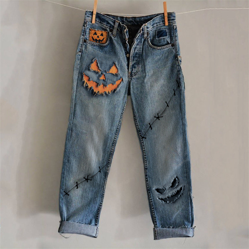 New 3D Heat-transfer Printed Flared Jeans-style Trousers In Faux Denim