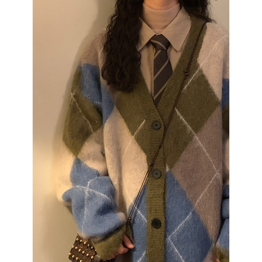 Loose Diamond Plaid Contrast Color V-neck Knitted Cardigan Sweater