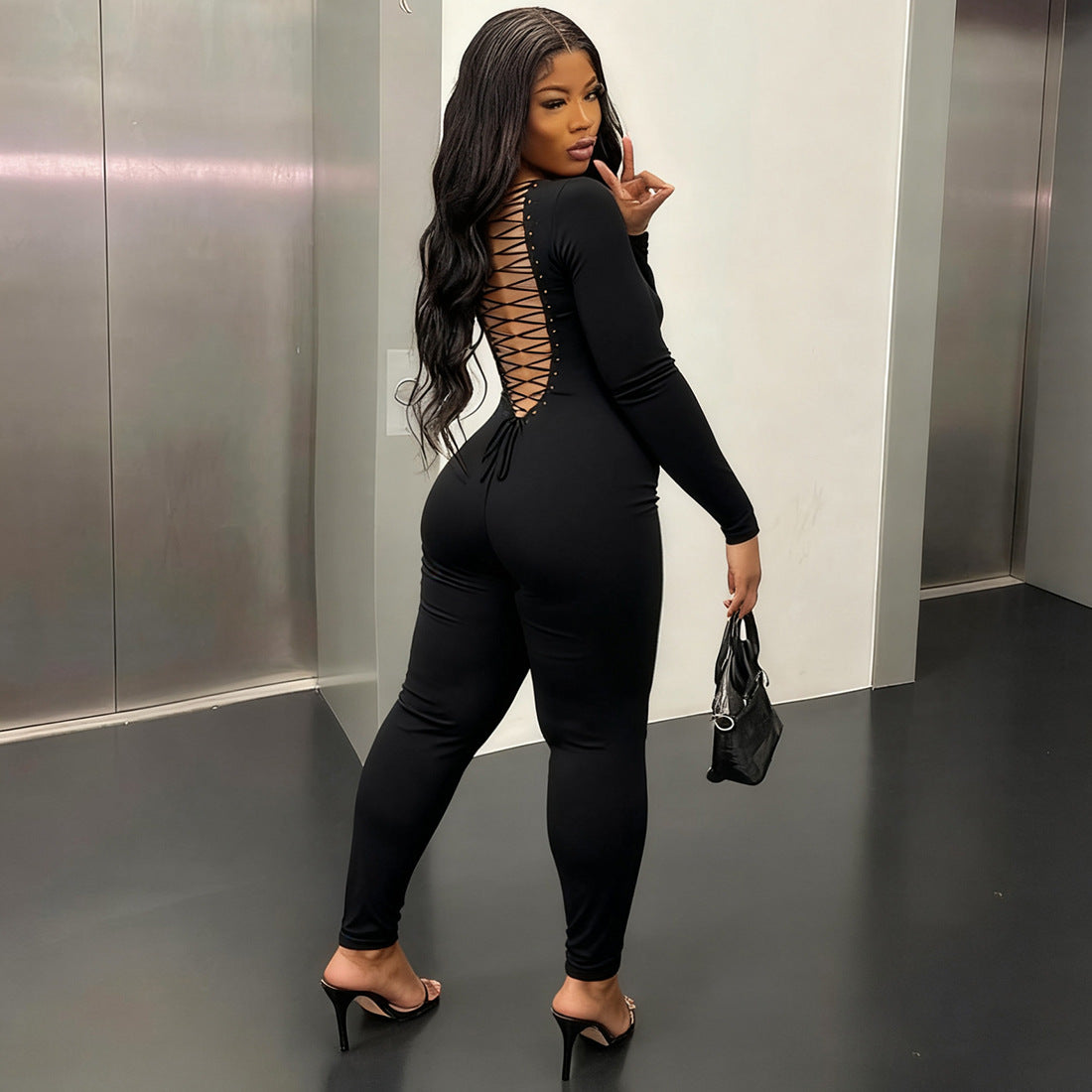 New Womens Fashion Solid-color Sexy Hollow-out Backless Bodycon Jumpsuit