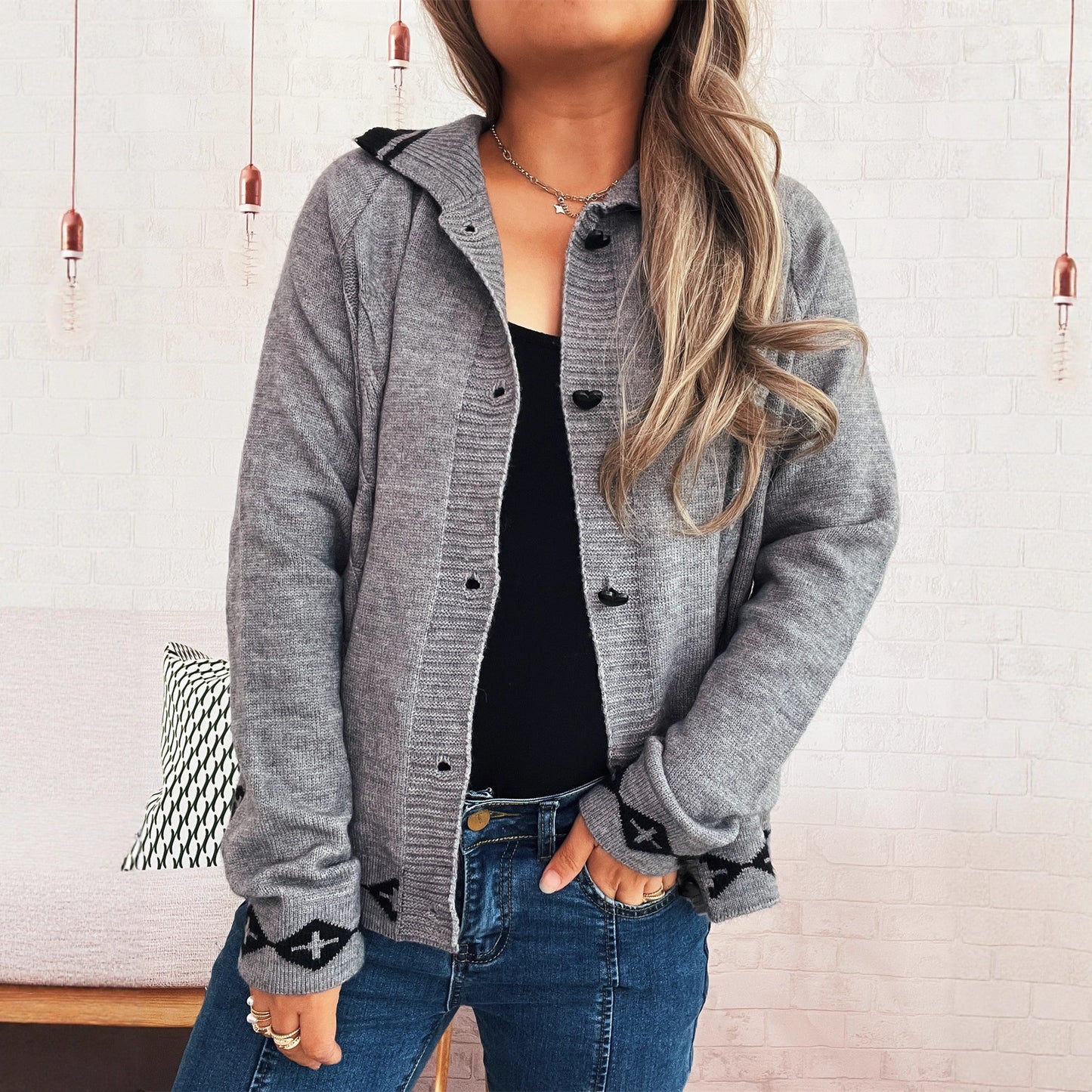 Retro Pattern Cute Love Button Lapel Long Sleeve Sweater