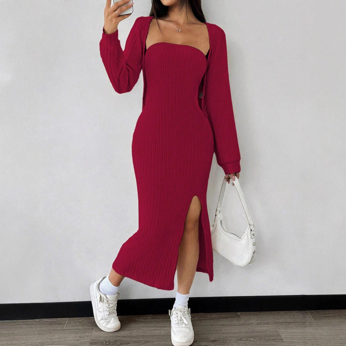 Hollowed-out Tube Top Sheath Dress With A Slit And Cardigan Jacket Set
