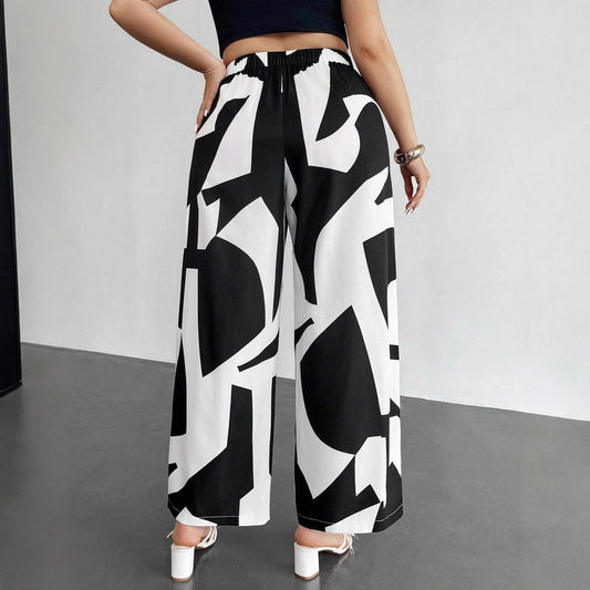 Womens High-Waisted Wide-Leg Pants With Geometric Print Straight-Leg Womens Trousers