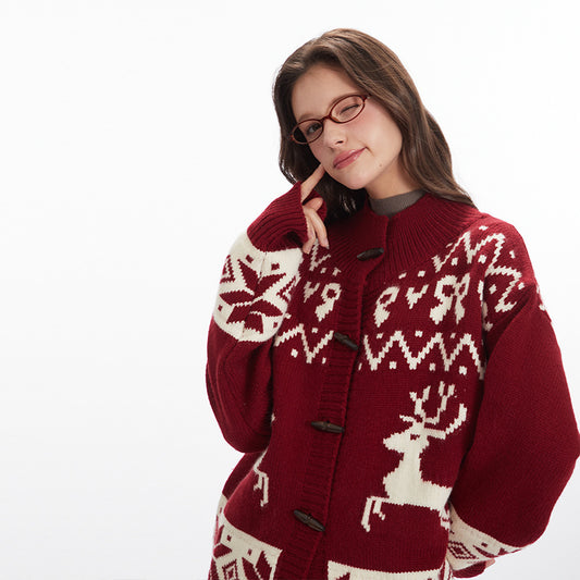 Loose Knitted Jacquard Horn Button Retro Women's Cardigan Sweater