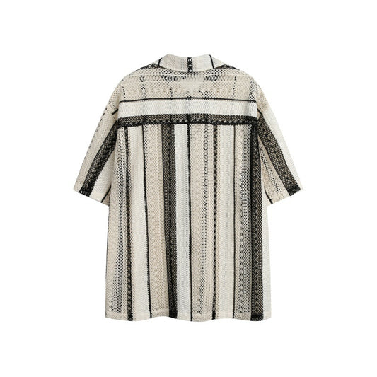 Japanese-style Retro Striped Hollow Contrast Color Mesh Loose Short Sleeve Shirt