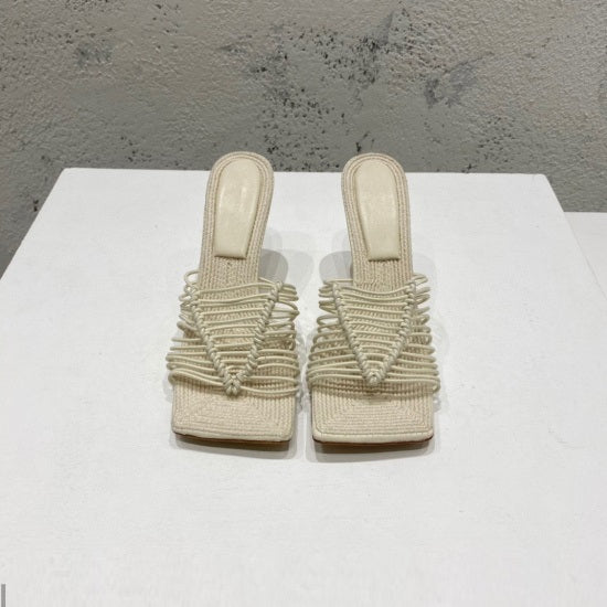 Square-toe High-heel Sandals In Woven Mesh And Leather