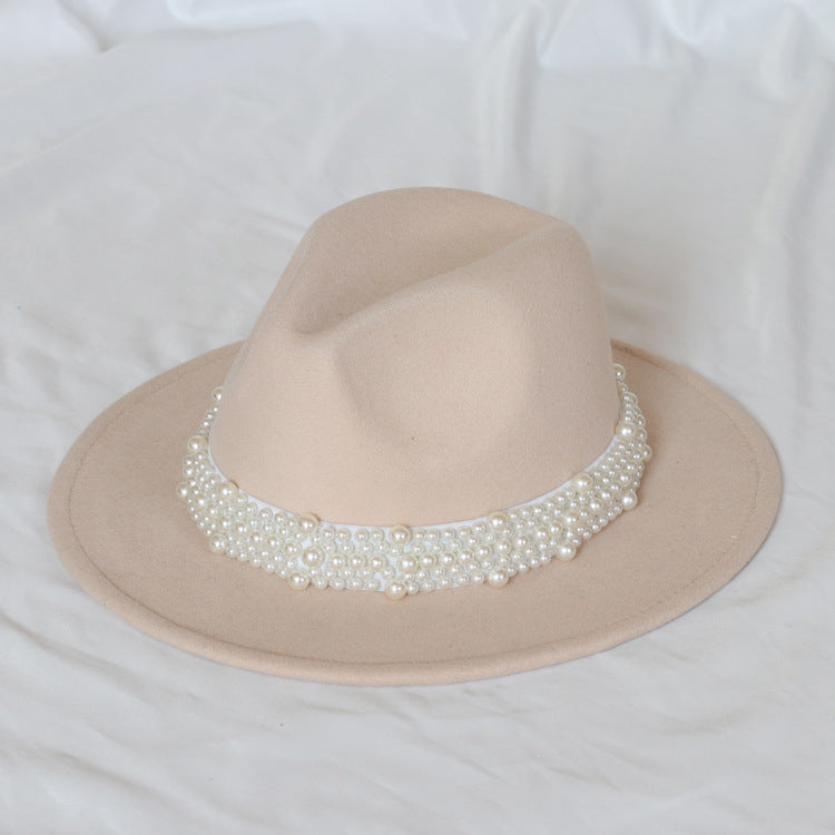 Handmade Pearl Top Hat Big Brim Fur Felt Hat