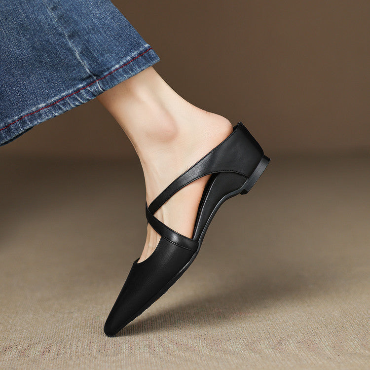 Vintage First Layer Washed Cowhide Pointed-toe Mules Shoes Outer Wear