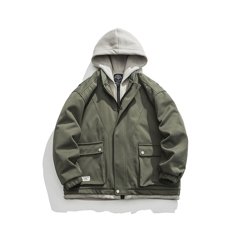 Color Matching Three-dimensional Pocket Fake Two Pieces Shirts Retro Hooded Jacket Men