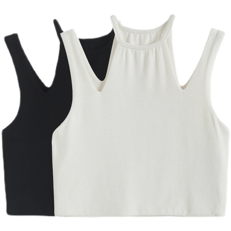 Versatile Solid Color Niche Design Double Halter Vest