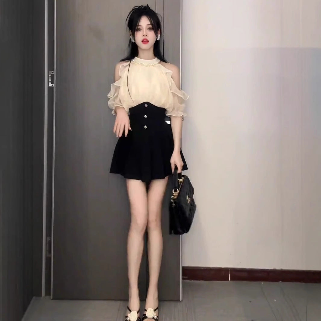 Womens Elegant Halterneck Off-shoulder Top And Skirt Two-piece Set
