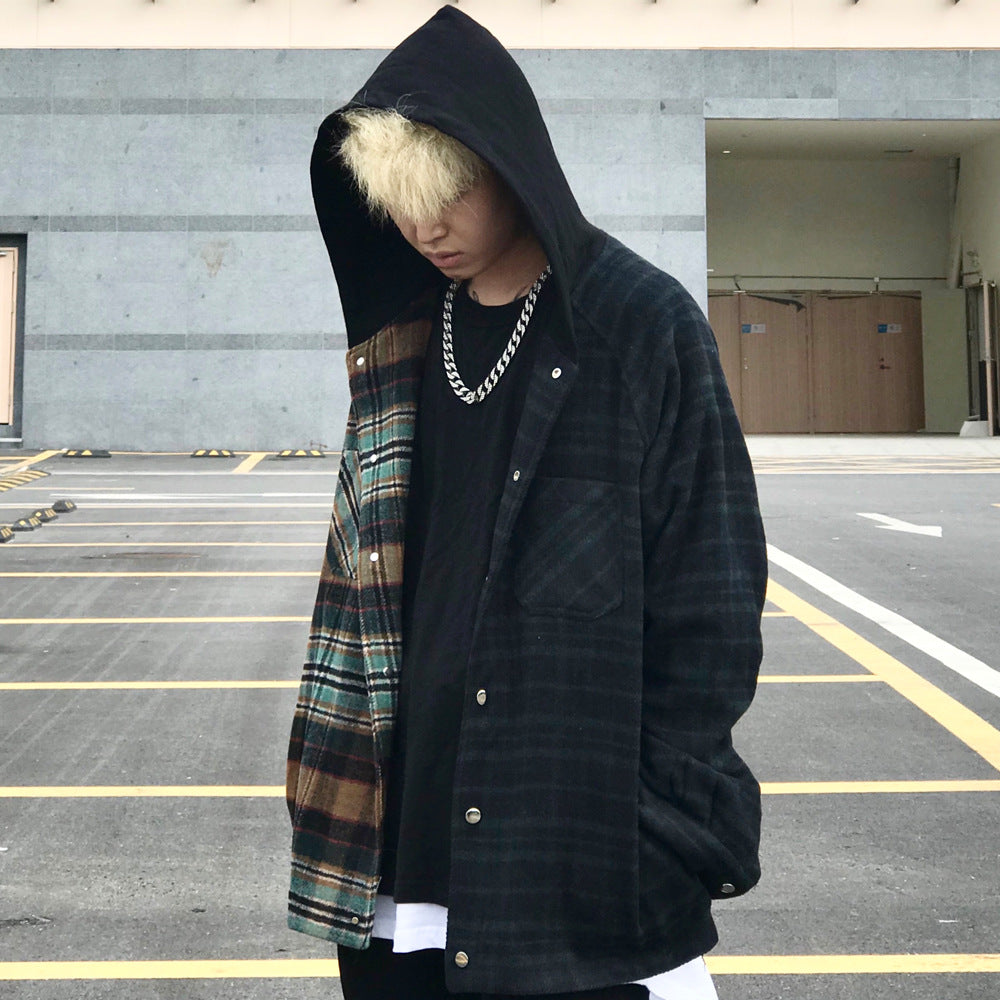 Color Matching Stitching Plaid Hooded Loose Cardigan Jacket European And American Style Hoodie