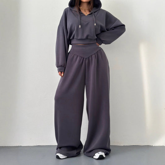 Womens Casual Set V-neck Hoodie Top And Pants