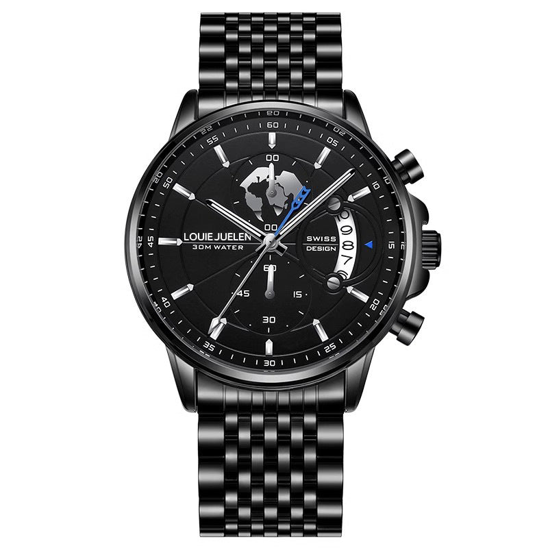 Business Three-eye Timing Leather Luminous Watch Steel Band