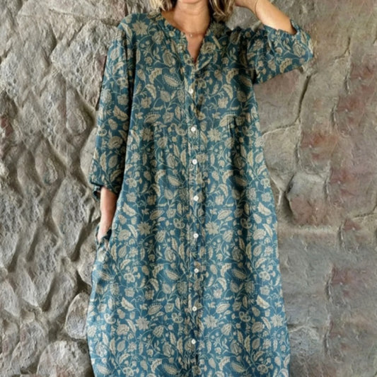 Women's Teal Beige Floral Midi Dress