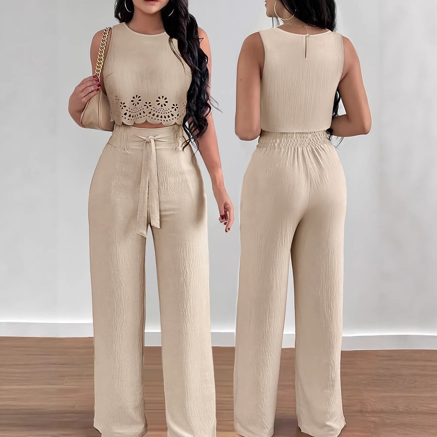 Solid-color Hollow-out Vest And High-waist Straight-leg Pants Set